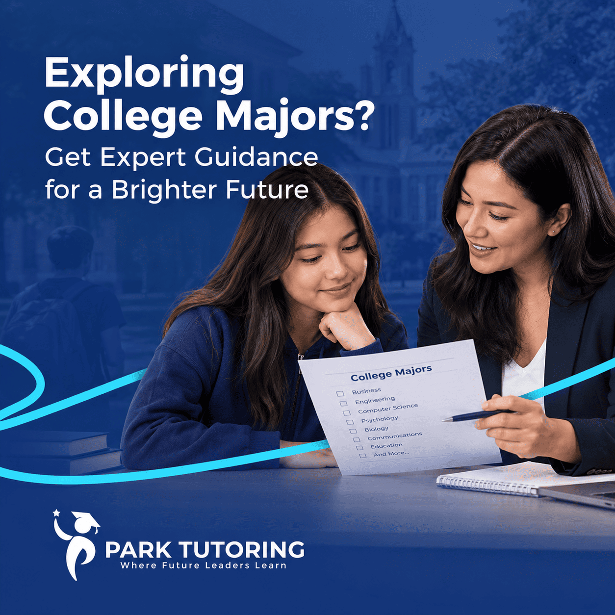 Student reviewing a list of college majors with a Park Tutoring counselor